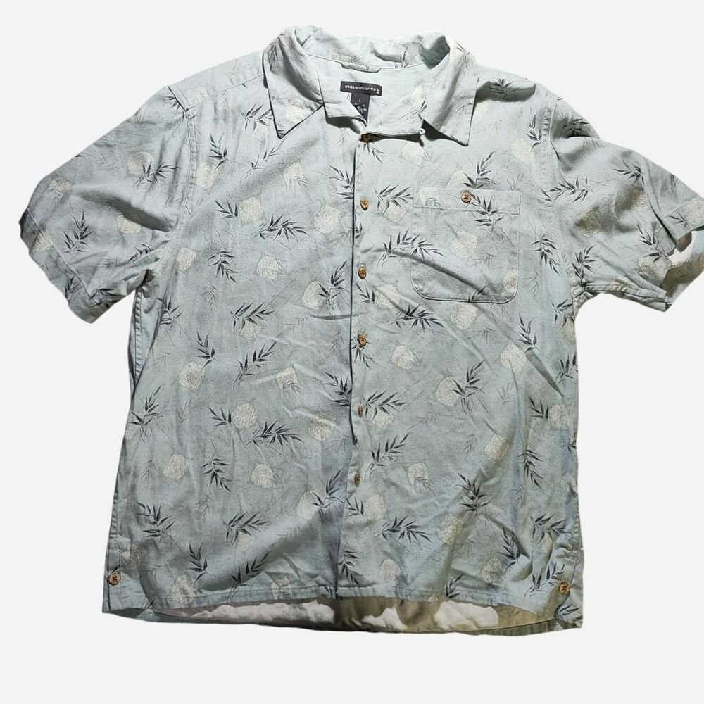 100% Silk light green button up shirt all over print size L